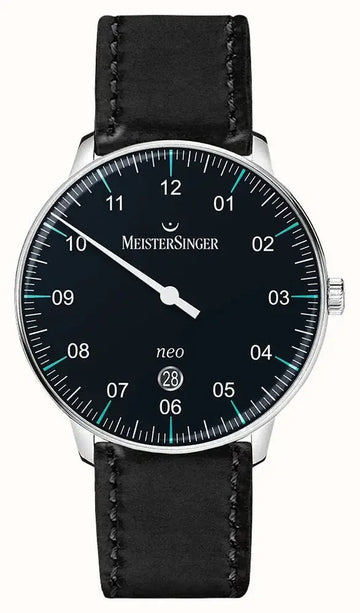 Meistersinger Neo Plus NE402T Automatic Herenhorloge 40mm met zwarte wijzerplaat en leren band. Elegant Zwitsers horloge voor heren.