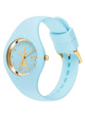 Ice-Watch Ice-Iconic 31mm dames horloge met blauw siliconen band en gouden Eiffeltoren wijzerplaat, waterdicht tot 10 ATM. Elegant en sportief ontwerp.