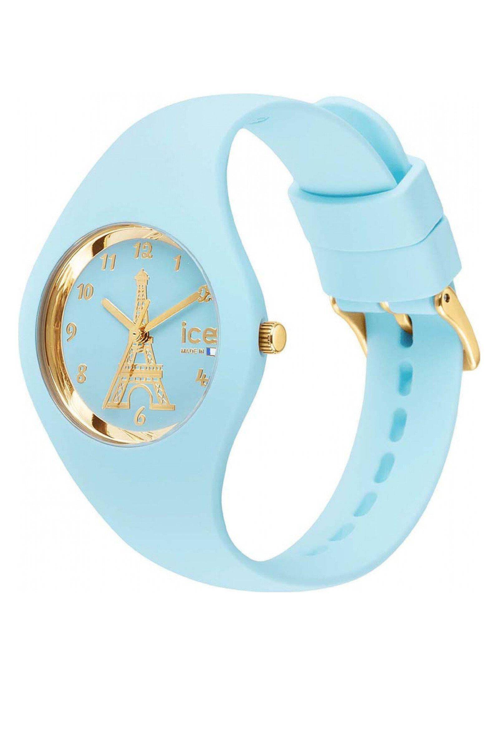 Ice-Watch Ice-Iconic 31mm dames horloge met blauw siliconen band en gouden Eiffeltoren wijzerplaat, waterdicht tot 10 ATM. Elegant en sportief ontwerp.
