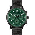 Calvin Klein CK25200440 Gauge herenhorloge 44mm met groene wijzerplaat en zwart roestvrijstalen mesh band, stijlvol en waterbestendig tot 5 ATM.
