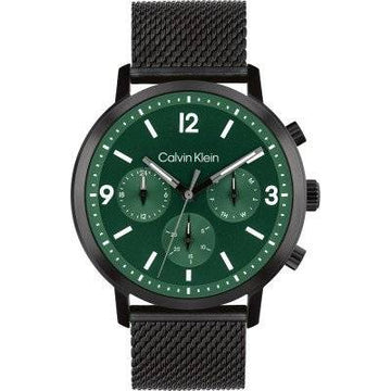 Calvin Klein CK25200440 Gauge herenhorloge 44mm met groene wijzerplaat en zwart roestvrijstalen mesh band, stijlvol en waterbestendig tot 5 ATM.