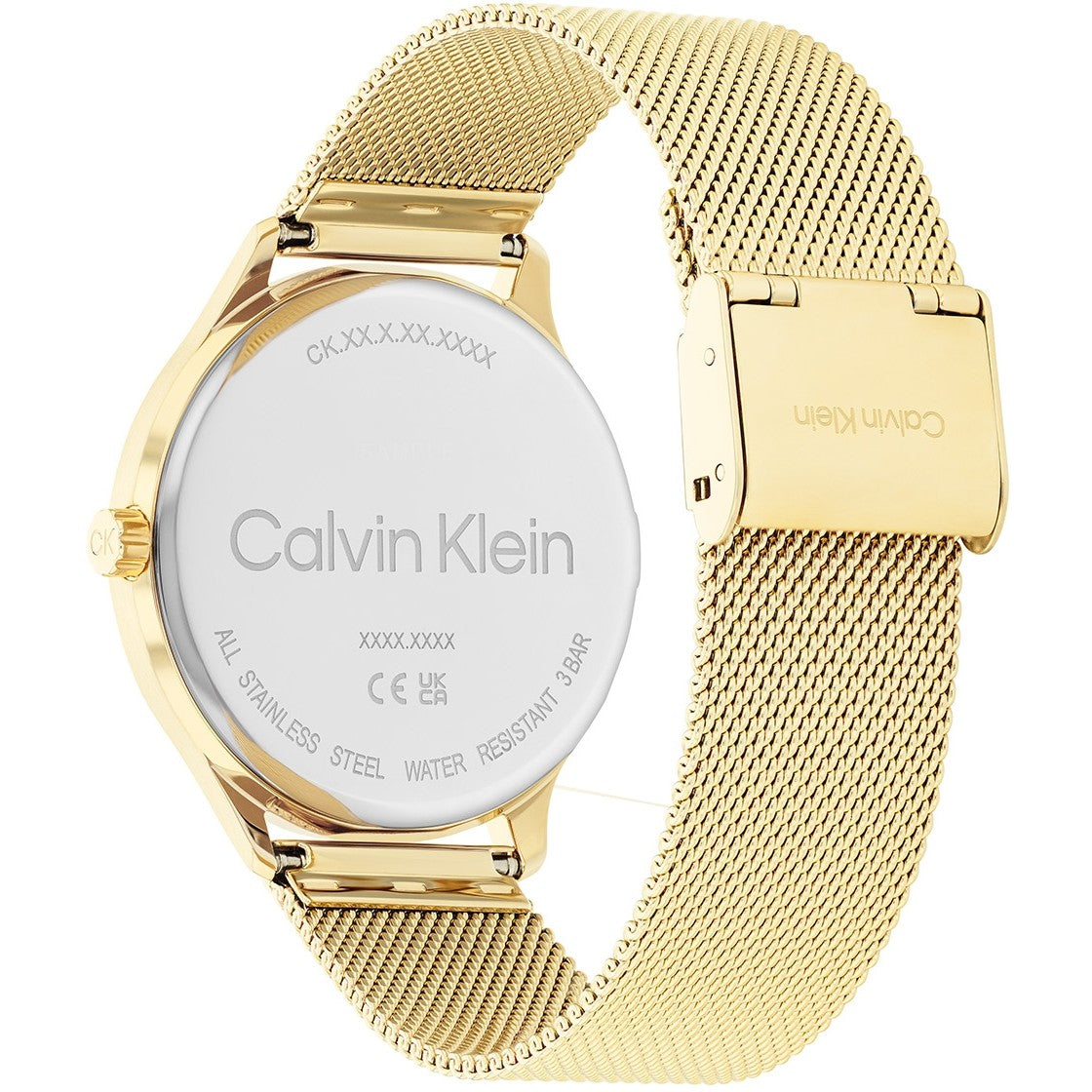 Calvin Klein CK25200372 dameshorloge 38mm met goudkleurige roestvrijstalen mesh band en sluiting, Swiss made met quartz uurwerk.
