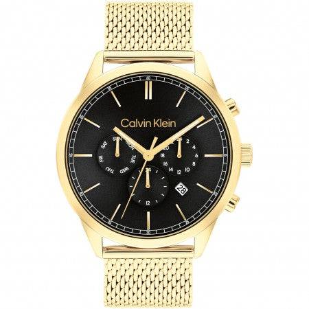 Calvin Klein herenhorloge 44mm CK25200375 met goudkleurige mesh band, zwarte wijzerplaat en quartz uurwerk. Luxe design met datum- en 24-uurs aanduiding.