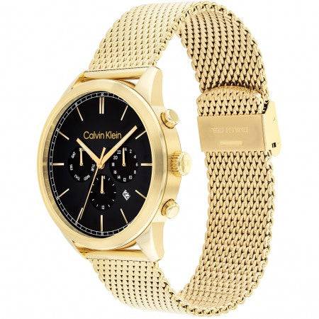 Calvin Klein herenhorloge 44mm CK25200375 met goudkleurige mesh band, zwarte wijzerplaat en quartz uurwerk. Luxe design met datum- en 24-uurs aanduiding.