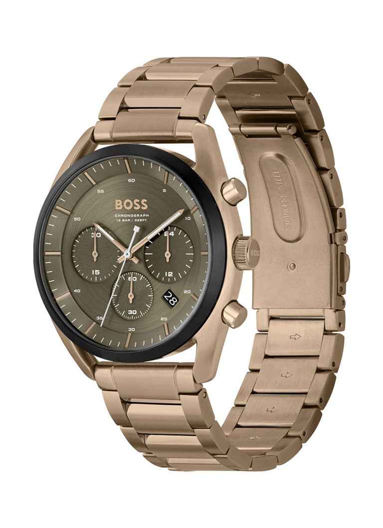 Hugo Boss Boss HB1514094 Top Chronograaf herenhorloge met goudkleurige roestvrijstalen band en olijfgroene wijzerplaat. Luxe design voor stijlvolle heren.