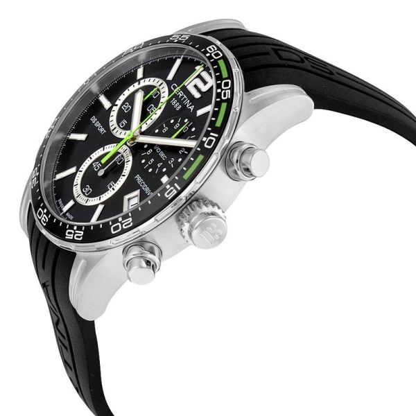 Certina DS Sport Chrono Herenhorloge 42mm met zwarte wijzerplaat, chronograaf en zwarte siliconen band. Swiss Made sportief herenhorloge.