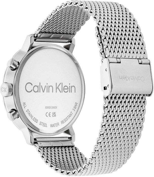 Calvin Klein CK25200107 Modern Herenhorloge 44mm met zilveren mesh band en minimalistische wijzerplaat. Swiss Made horloge voor stijlvolle heren.
