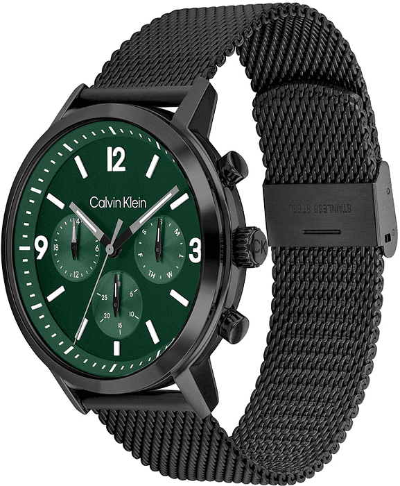 Calvin Klein CK25200440 Gauge herenhorloge 44mm met groene wijzerplaat en zwart roestvrijstalen mesh band, stijlvol en waterbestendig tot 5 ATM.