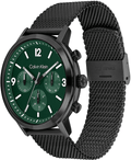 Calvin Klein CK25200440 Gauge herenhorloge 44mm met groene wijzerplaat, zwart roestvrijstalen mesh band en chronograaf functie. Stijlvol quartz horloge voor heren in de categorie horloges.