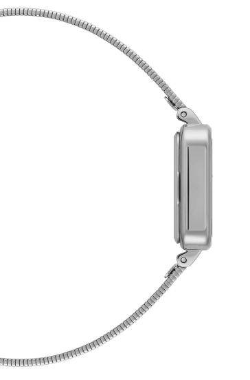 Zijaanzicht van de Daniel Wellington Quadro Studio DW00100522 dames horloge met zilveren mesh band. Elegant en minimalistisch design kopen.