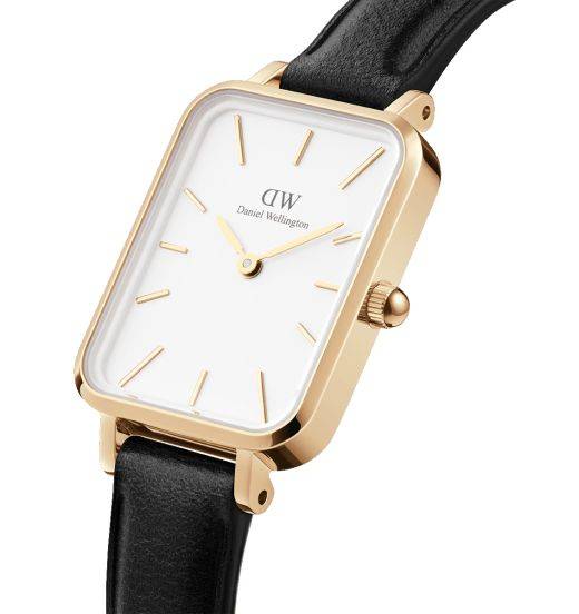 Daniel Wellington Quadro Pressed Sheffield DW00100559 20mm dames horloge met goudkleurige kast en zwarte leren band. Elegant vierkant design voor moderne stijl.