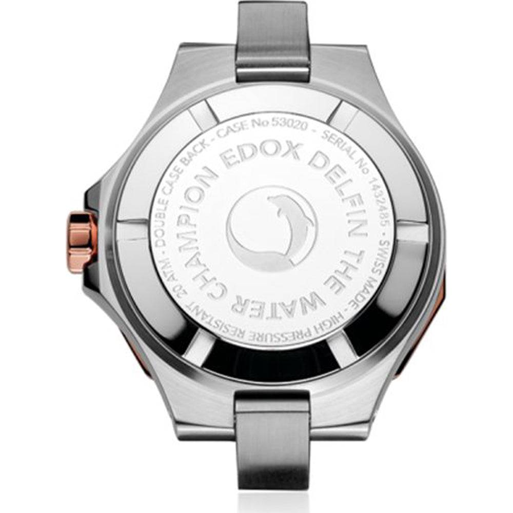 Achterzijde van Edox Delfin dames duikhorloge 38mm 20ATM kopen met gegraveerde kastdeksel en roestvrijstalen band, Swiss Made kwaliteit.