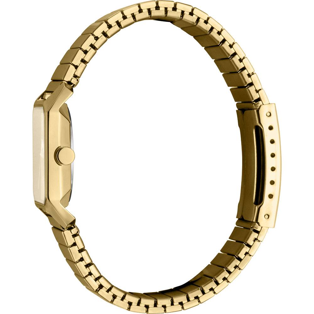 Esprit ES1L070E0075 Cube Mini dameshorloge 25mm met goudkleurige roestvrijstalen band en vierkante wijzerplaat, elegant en modern design.