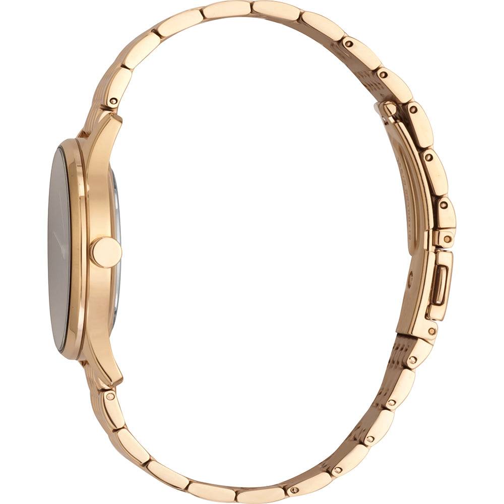 Zijaanzicht van de Esprit ES1L029M0065 dameshorloge met slank E.ASY ontwerp en roségouden metalen band, ideaal voor modieuze gelegenheden.