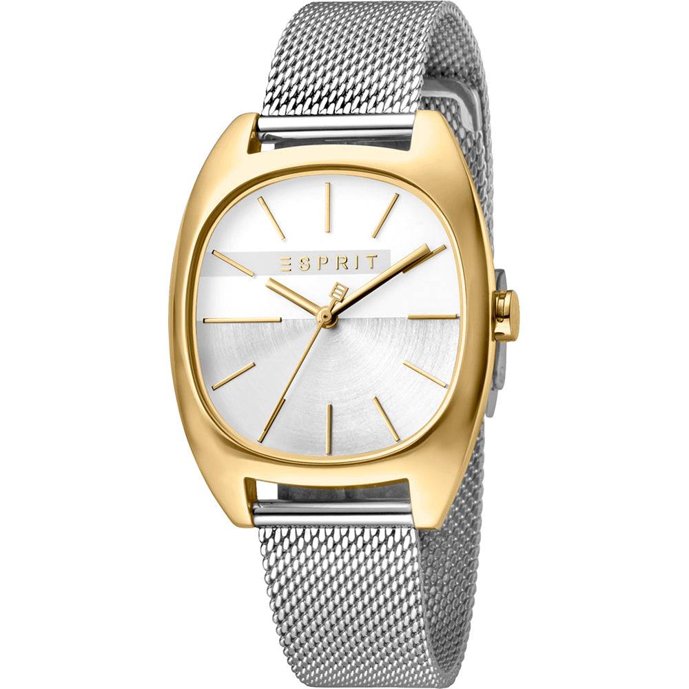 Esprit ES1L038M0115 dameshorloge 32mm met goudkleurige kast en zilveren mesh band. Elegant horloge voor dames in moderne stijl.