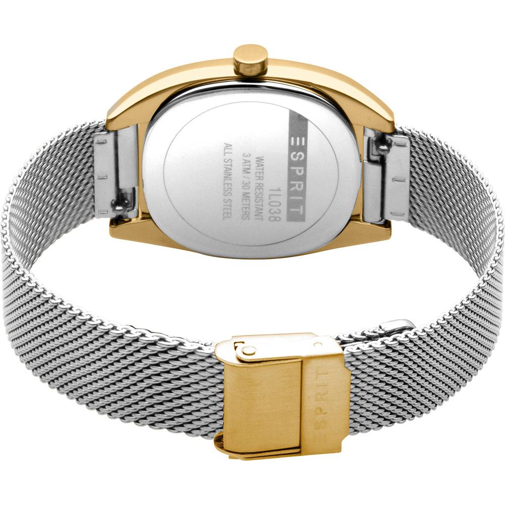 Esprit ES1L038M0115 dameshorloge 32mm met goudkleurige kast en zilveren mesh band, elegante sluiting zichtbaar aan de achterzijde.