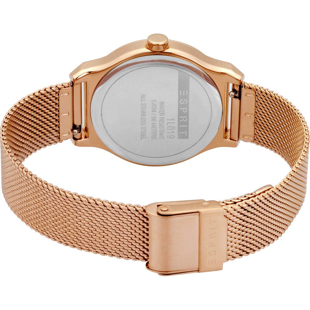 Esprit Magnolia Dameshorloge met roségouden mesh band en roestvrijstalen sluiting. Elegant 34mm horloge voor stijlvolle vrouwen.