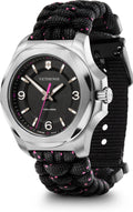 Victorinox I.N.O.X. Dameshorloge 37mm met zwarte wijzerplaat en roze accenten, robuuste roestvrijstalen kast en paracord band, Swiss Made.