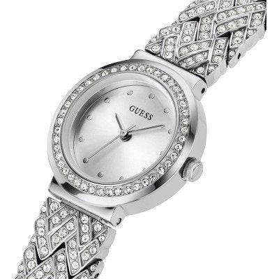 Guess Treasure Dameshorloge - 28mm met zilverkleurige band en kristallen accenten, slank ontwerp en 3ATM waterdichtheid. Elegant dameshorloge voor dagelijks gebruik.