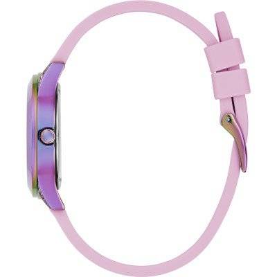 Zijaanzicht van de Guess Mini Wonderlust Horloge 34mm - GW0678L3 met paarse kast en roze siliconen band. Elegant dameshorloge voor dagelijks gebruik.