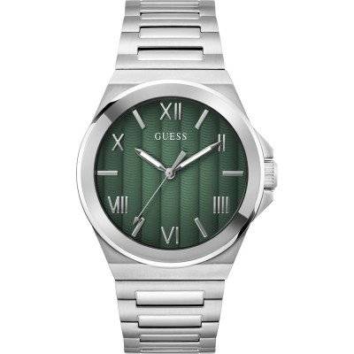 Guess Dress herenhorloge groen 44mm met sunburst wijzerplaat en zilverkleurige band. Duurzaam design met recycled stalen kast en 3 ATM waterdichtheid.