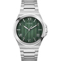 Guess Dress herenhorloge groen 44mm met sunburst wijzerplaat en zilverkleurige band. Duurzaam design met recycled stalen kast en 3 ATM waterdichtheid.