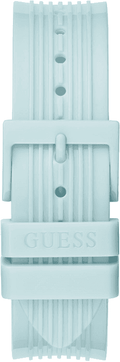 Blauwe siliconen horlogeband van de Guess Athena dameshorloge 39mm, met gesp en Guess-logo. Comfortabel en ideaal voor dagelijks gebruik.