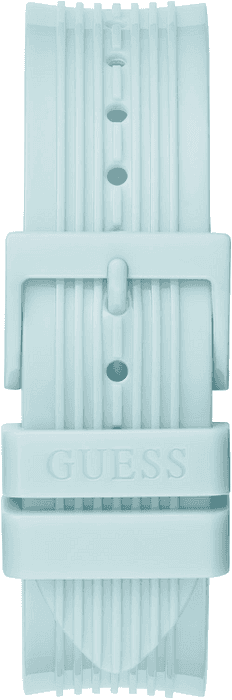 Blauwe siliconen horlogeband van de Guess Athena dameshorloge 39mm, met gesp en Guess-logo. Comfortabel en ideaal voor dagelijks gebruik.