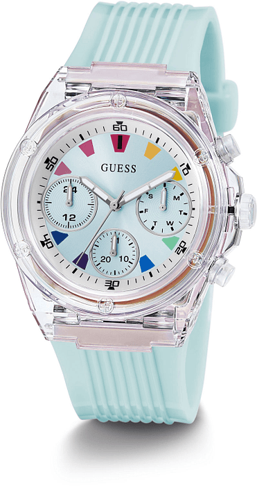 Guess Athena dameshorloge 39mm met blauwe siliconen band, transparante kast en kleurrijke wijzerplaat, ideaal voor dagelijks gebruik.