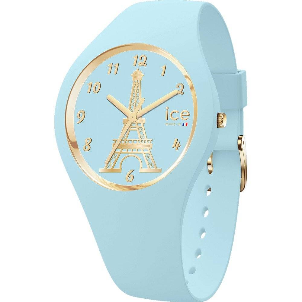 Ice-Watch Ice-Iconic 31mm dames horloge 023245 met lichtblauwe siliconen band, goudkleurige wijzers en Eiffeltoren op de wijzerplaat. Waterdicht tot 10 ATM, ideaal voor dagelijks gebruik en zwemmen.