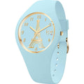 Ice-Watch Ice-Iconic 31mm dames horloge 023245 met lichtblauwe siliconen band, goudkleurige wijzers en Eiffeltoren op de wijzerplaat. Waterdicht tot 10 ATM, ideaal voor dagelijks gebruik en zwemmen.