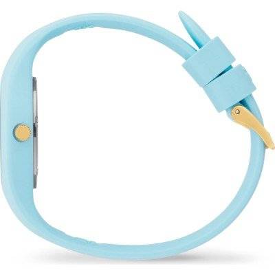Zijaanzicht van de Ice-Watch Ice-Iconic 31mm dameshorloge 023245 met blauwe siliconen band en goudkleurige gesp, waterdicht tot 10 ATM.