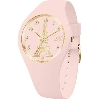 Ice-Watch Ice-Iconic 023246 ICE cocorico Horloge 31mm voor dames met roze siliconen band en gouden Eiffeltoren op de wijzerplaat. Stijlvol waterdicht horloge tot 10 ATM, ideaal voor modebewuste vrouwen.