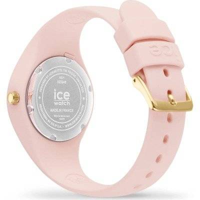 Achteraanzicht van de Ice-Watch Ice-Iconic 023246 ICE cocorico dameshorloge 31mm met roze siliconen band en goudkleurige gesp.