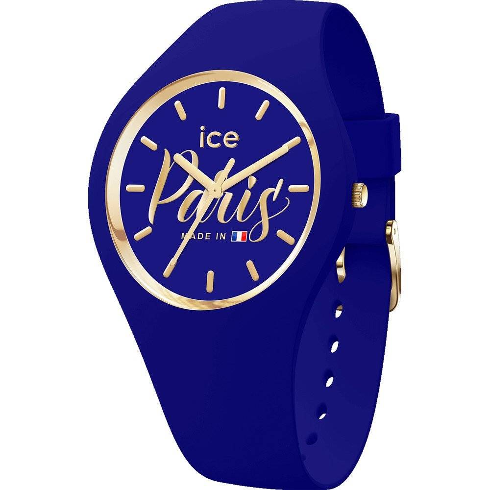 ICE cocorico 34mm dameshorloge in blauw met goudkleurige accenten en siliconen band, waterdicht tot 10 ATM, ideaal om mee te zwemmen.