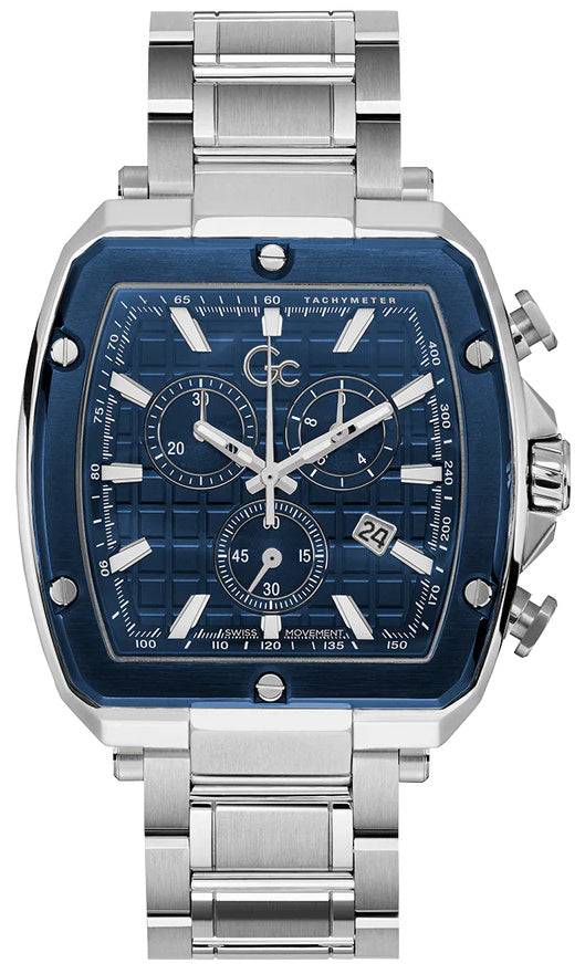 Gc Herenhorloge 44mm - Tonneau Z18002G5MF met blauwe wijzerplaat en zilverkleurige roestvrijstalen band, Swiss Made chronograaf.