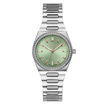 Gc Classic Dameshorloge 34mm - Z38001L9MF met groene wijzerplaat, roségouden accenten en zilverkleurige schakelband. Luxe Swiss Made dames horloge.