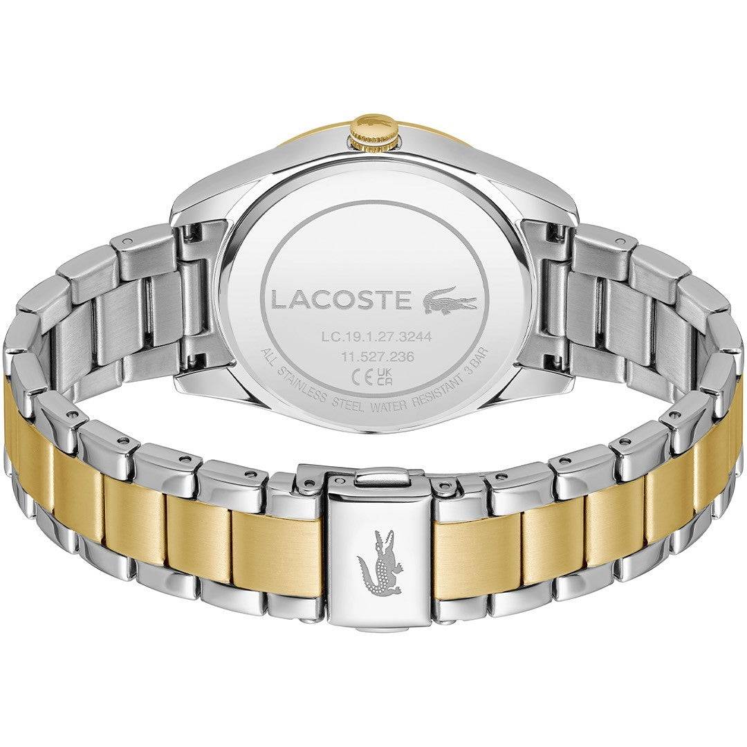 Lacoste Dameshorloge - LC2001364 Orsay | 36mm RVS, Dag+Datum met zilver- en goudkleurige schakelband en gegraveerde Lacoste achterkant.