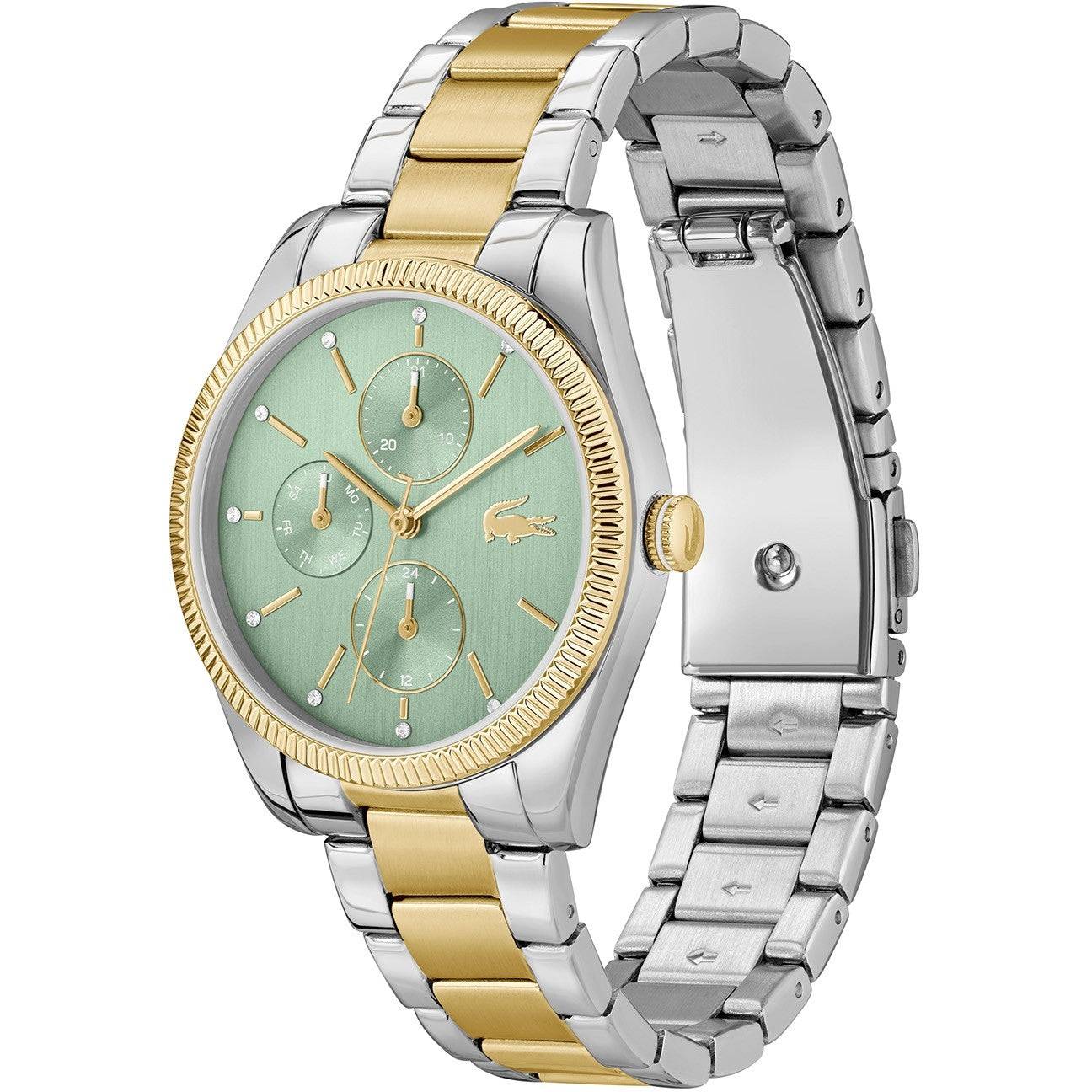 Lacoste Dameshorloge - LC2001364 Orsay 36mm met lichtgroene wijzerplaat, goud-zilveren RVS band en dag+datum functie.