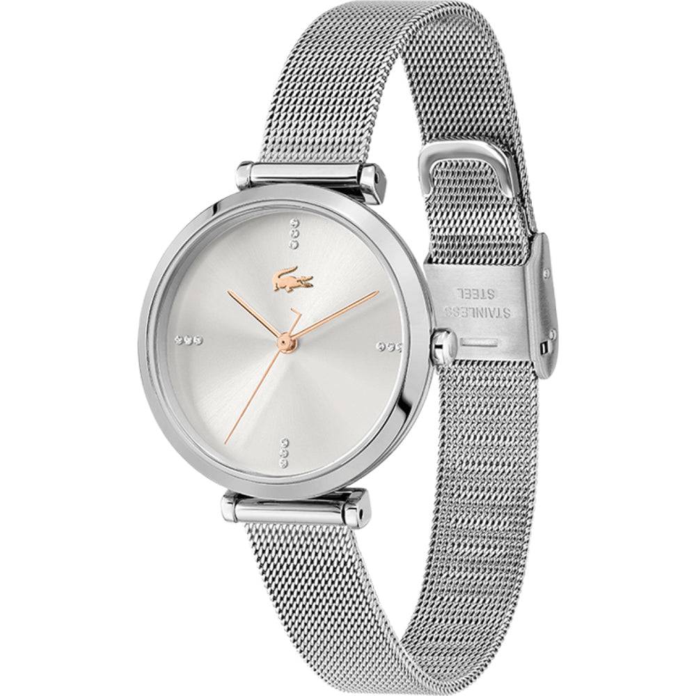 Lacoste Dameshorloge 32mm - Geneva met zilverkleurige mesh band en minimalistisch wijzerplaatontwerp. Elegant dameshorloge voor elke gelegenheid.