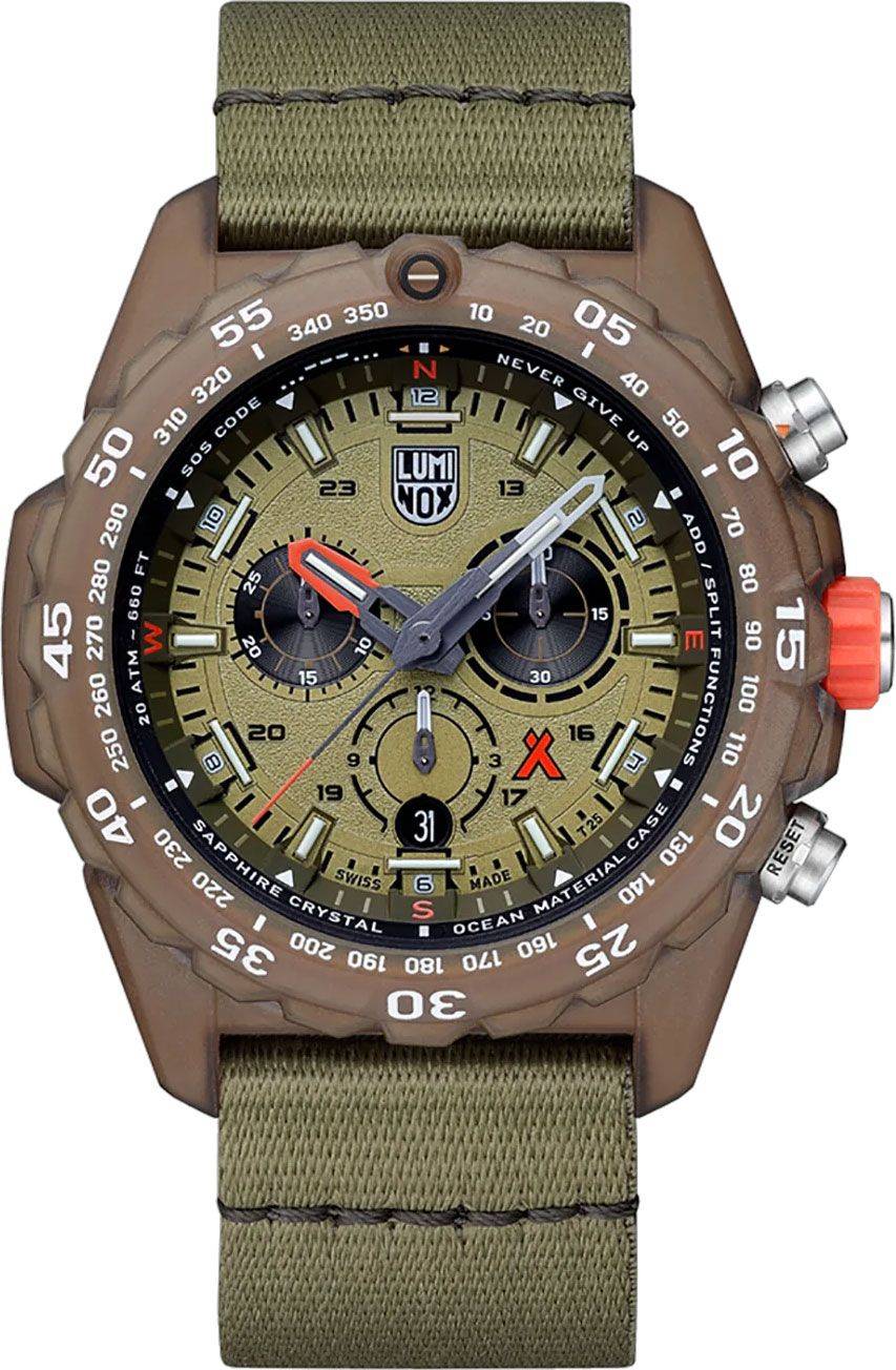 Luminox Bear Grylls Survival ECO Master Sustainable Outdoor Watch XB.3757 ECO 45mm met groene NATO-band en robuuste bruine kast. Swiss Made heren horloge voor outdoor avonturen.