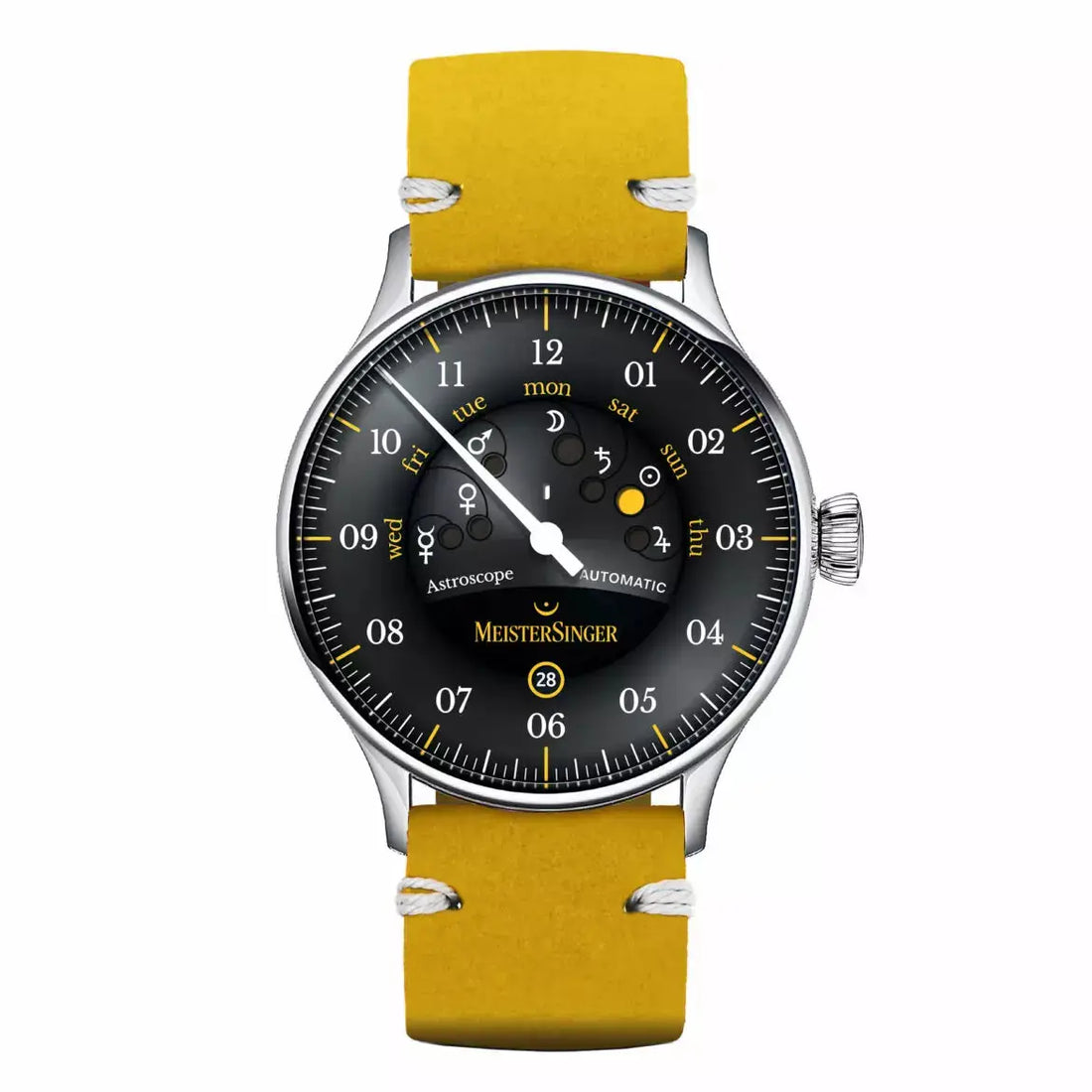 MeisterSinger S-AS902Y Astroscope Black-Yellow Automatic herenhorloge 40mm met zwart-geel design en unieke dagweergave. Luxe Zwitsers horloge voor heren.