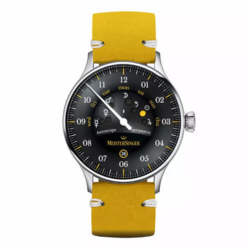 MeisterSinger S-AS902Y Astroscope Black-Yellow Automatic herenhorloge 40mm met zwart-geel design en unieke dagweergave. Luxe Zwitsers horloge voor heren.