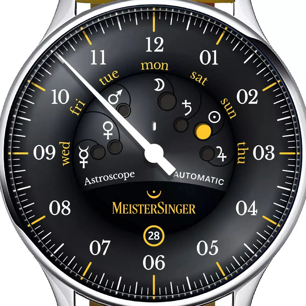 MeisterSinger S-AS902Y Astroscope Black-Yellow Automatic Herenhorloge 40mm met unieke dag- en planetenweergave op zwarte wijzerplaat. Luxe Swiss Made horloge voor heren met geel-accenten en automatisch uurwerk.
