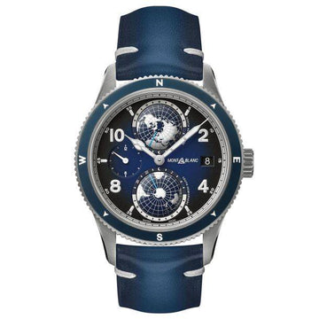 Montblanc 1858 Geosphere Automatic ref: 125565 Titanium Herenhorloge 42mm met blauwe leren band en wereldtijdcomplicatie, Swiss Made design.