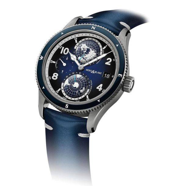 Montblanc 1858 Geosphere Automatic ref: 125565 Titanium Herenhorloge 42mm met blauwe wijzerplaat en wereldtijdcomplicatie, Swiss Made design.