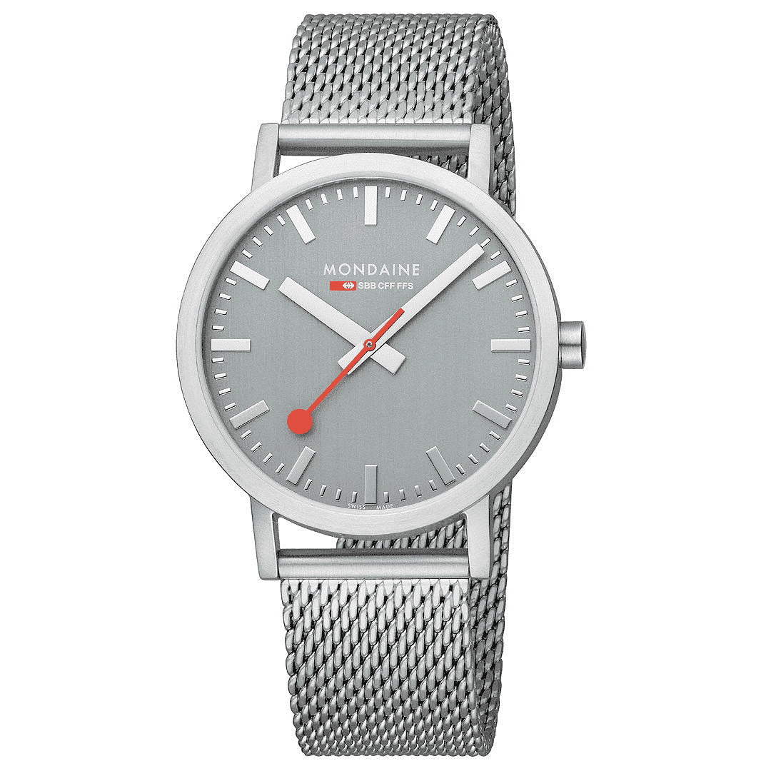 Mondaine Classic Spoorweg Horloge 40mm M660.30360.80SBJ met zilveren mesh band en grijze wijzerplaat, Swiss Made heren horloge met rood secondewijzer.