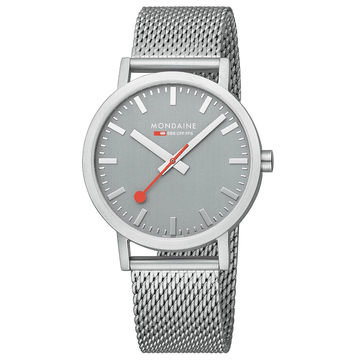 Mondaine Classic Spoorweg Horloge 40mm M660.30360.80SBJ met zilveren mesh band en grijze wijzerplaat, Swiss Made heren horloge met rood secondewijzer.