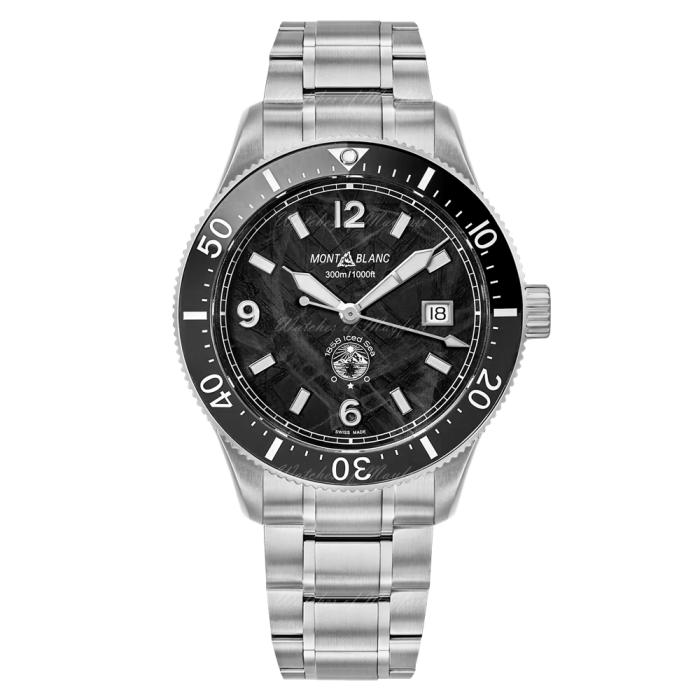 Montblanc 1858 Iced Sea Automatic Date ref: 129371 Herenhorloge 41mm met zwarte wijzerplaat en roestvrijstalen band. Luxe Zwitsers duikhorloge voor heren.