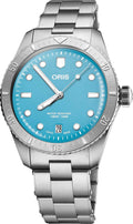 Oris Divers Sixty-Five Cotton Candy Unisex 01 733 7771 4055-07 8 19 18 horloge 38mm met turquoise wijzerplaat en roestvrijstalen band. Swiss Made heren horloge, waterbestendig tot 100 meter, geschikt voor dames en heren.